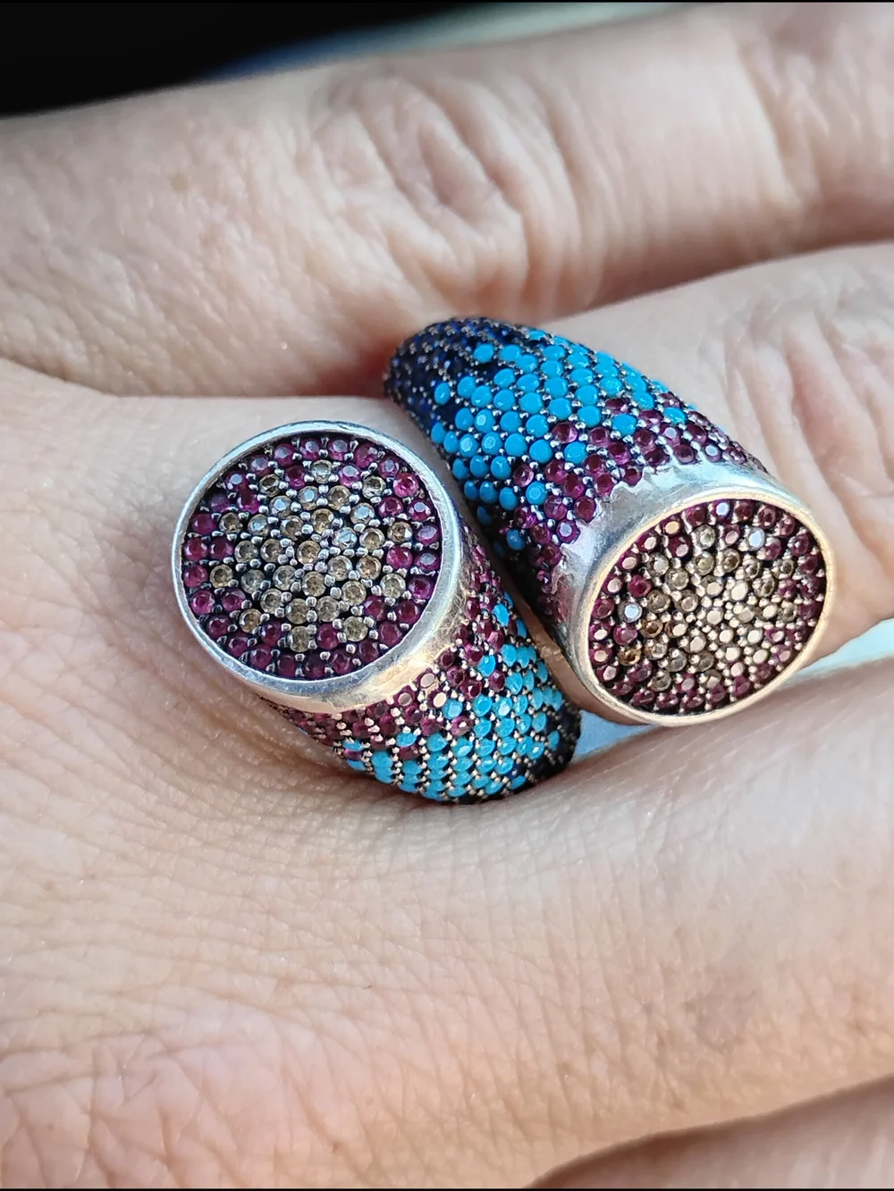 Sterling Silver Double-Circle Statement Ring with Turquoise and Purple Stones